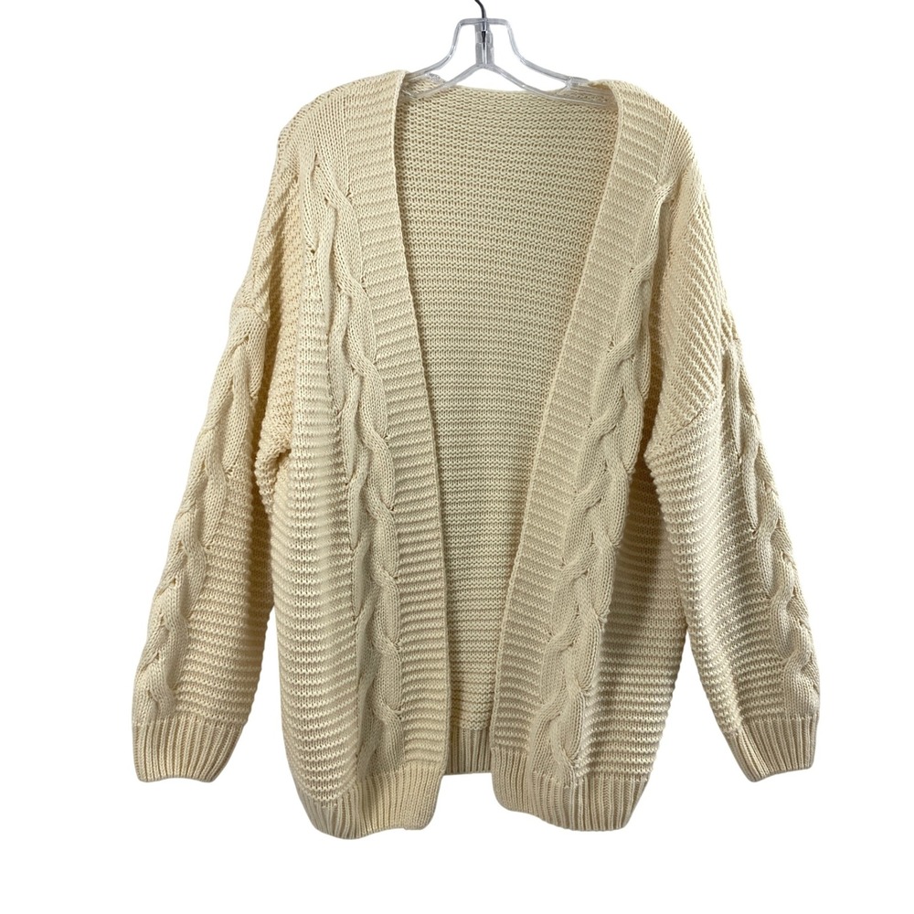 Womens Cardigan Size Medium Cream Chunky Cable Knit Open Front Oversized Sweater